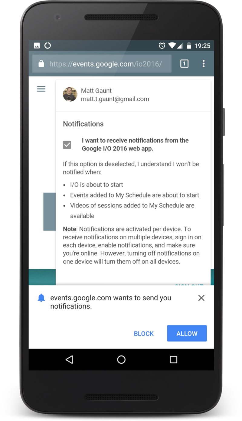 Google IO's web app displaying the permission prompt.