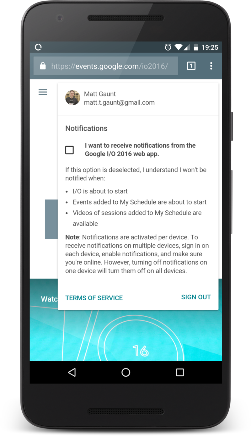 Settings panel on Google IO's web app for push messaging.