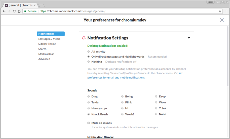 The settings panel for notifications on slack.com.